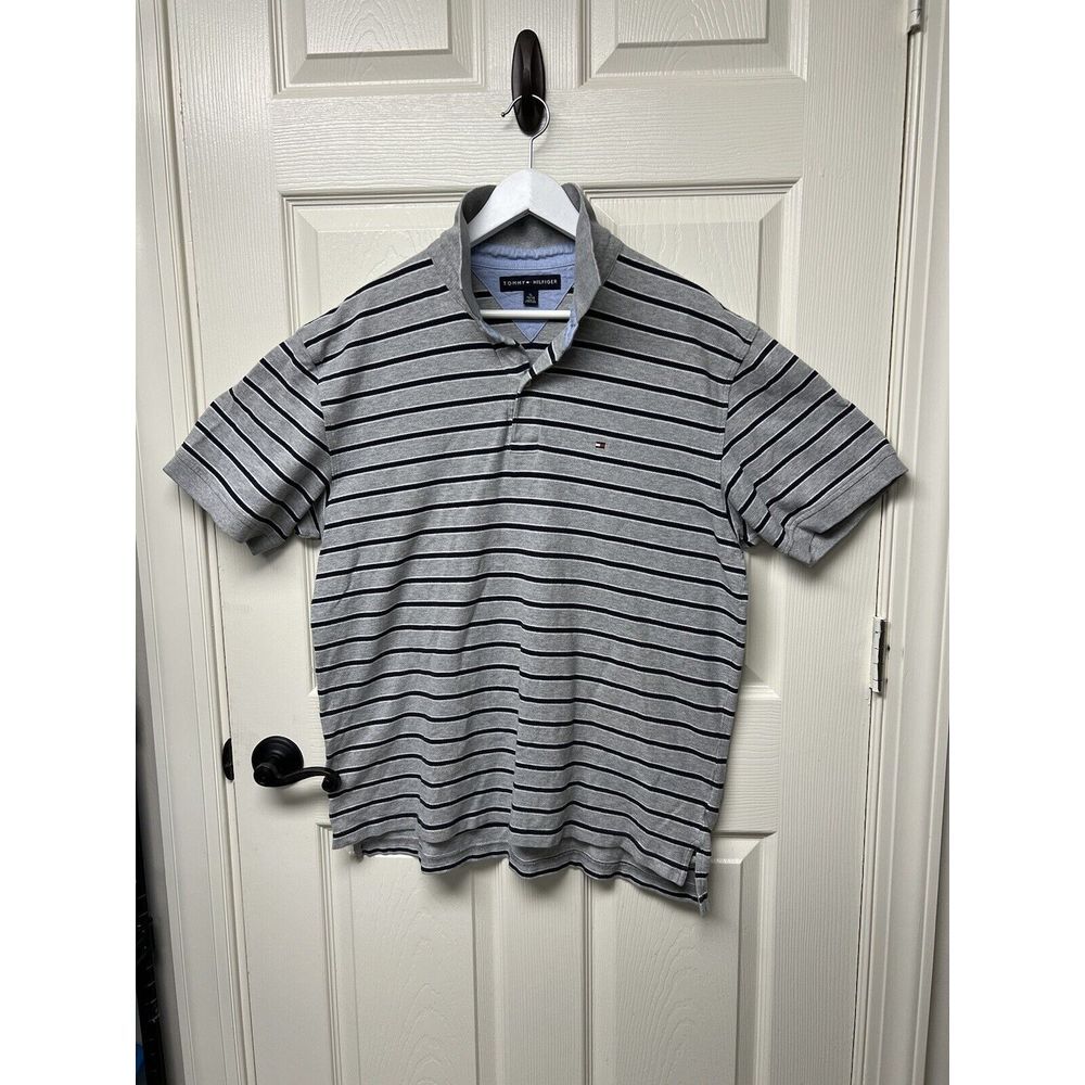 Tommy Hilfiger Polo Shirt Mens Adult XL Blue Gray Stripes Rugby‎ Logo - #129